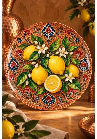 Dekoratif Duvar Tabağı Limon Ve Anadolu Motifleri Dekorlu Seramik Tabak Beyaz