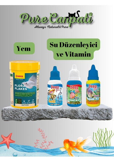 Purecanpati Bitkisel Flake Balık Yemi Seti Akvaryum Vitamin Damlası + Anticlor + Aquafix