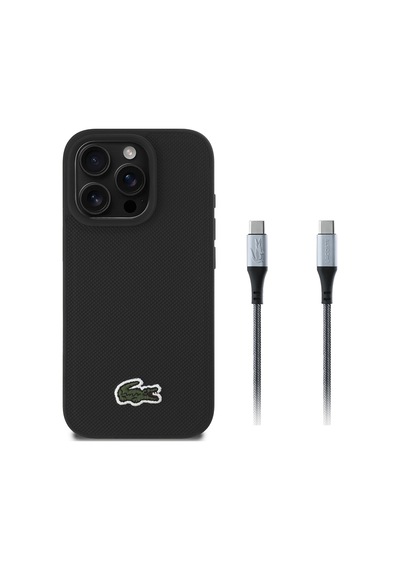 Apple Uyumlu iPhone 16 Pro Max Kılıf Lacoste Lisanslı İkonik Timsah Dokuma Logolu Kapak + Type-c Kablo 1.5m Siyah