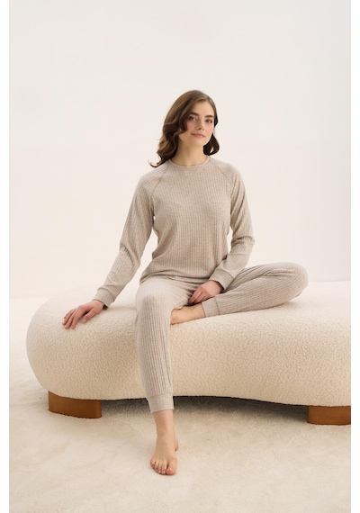 Sevim Kadın Uzun Kol Bej Mlelanj Pijama Takım C5t7n0o61 001