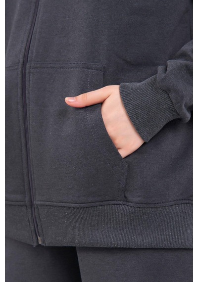 Mmetalic Antrasit Kanguru Cepli Kapüşonlu Fermuarlı Oversize Kadın Sweatshirt Cmrb73-antrasit Antrasit