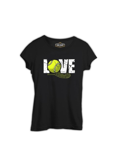 Tenis - Love Raket Ve Top Siyah Bayan Tshirt