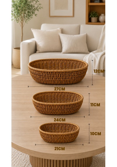 3'lü Oval Hasır Sunumluk Sepet Badya Leğen Tabak Kase - Masaüstü Organizer Rattan Sunum Meyvelik - Ekstra Kaliteli Çelik Rattan