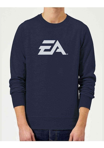 Ea Logo Baskılı Indigo Mavi Lacivert Erkek Örme Sweatshirt