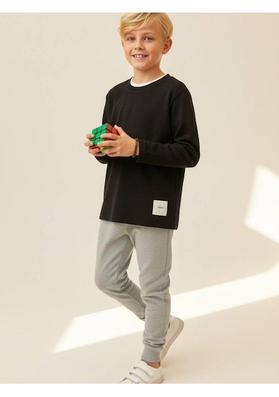 Zekids Erkek Çocuk Pamuklu Dokulu Kumaş İnce Uzun Kollu Sweatshirt-16630 Siyah