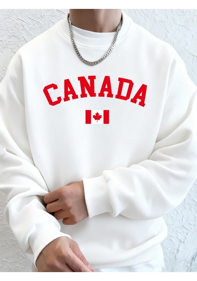 Startmore Startmorekanada Baskılı Bayraklı Erkek Kapüşonlu Üstleri Sonbahar Bol Sweatshirt Hip Hop Yuvarlak Yaka Beyaz