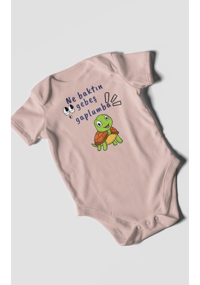 Ne Baktın Gebeş Gaplumba Baskılı Bebek Zıbını Çıtçıtlı Body %100 Pamuk Kısa Kol Pastel Pembe