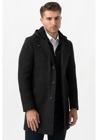 White Stone Ancona 4024 Slim Fit Kapüşonlu Ceket Yaka Pamuklu Kaban Siyah-Siyah