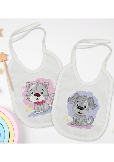 BK Kids Sevimli Kedi ve Köpek Tasarımlı 2’li Beyaz Mama Önlüğü-1 Beyaz