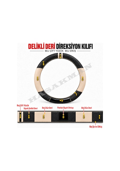 Renault Fluence Dikme Direksiyon Kılıfı Delikli Deri Parlak Siyah Bej Detay Çift Yüzük Ve Dikiş 2009-2016
