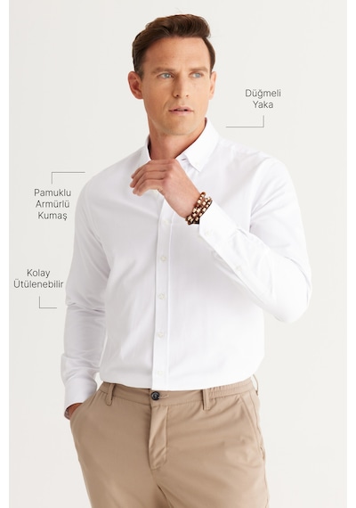 Erkek Beyaz Slim Fit Dar Kesim Oxford Düğmeli Yaka Armürlü Pamuklu Gömlek Beyaz
