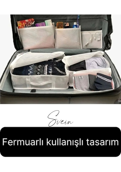 6'lı Valiz Bavul Düzenleyici Seyahat Çantası Organizer Hurç Set Fermuarlı Gri Çizgi Fileli Çok Renkli