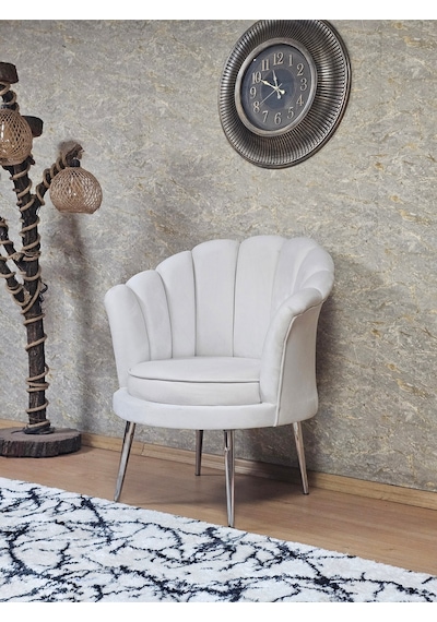 Zafir Tekli İstiridye Krom Kaplama Sivriltme Ayak Çay Seti Koltuk Tekli Berjer , Balkon, Salon, Ofis Krem