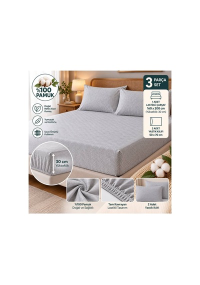 Slc Home %100 Pamuk Kumaş 160 X 200 Cm Lastikli Çarşaf 2li Yastık Kılıflı Dahil Çift Kişilik 3lü Set Gri - 939639330 Gri