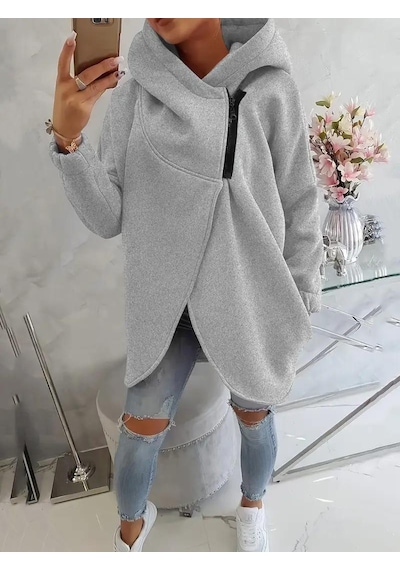 Gri Kadın 3 İplik Şardonlu Kapüşonlu Ceket Asimetrik Fermuarlı Oversize Gri