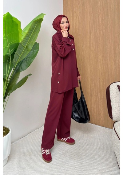 Mihran Butik Soho Elegance Yaka Detaylı Kadın Tesettür Alt Üst Takım Bordo