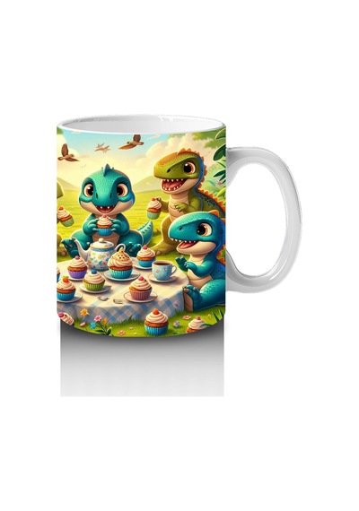 Çocuklara Sütü Sevdiren Cupcake Partisi Yapan Sevimli Dinozorlar Desenli Kupa Bardak Renkli