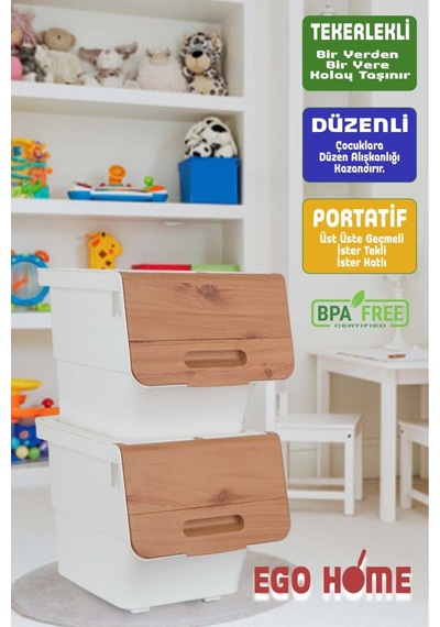 2li Tekerlekli Oyuncak Düzenleme Dolabı Kapaklı Saklama Kutusu Oyuncak Sepeti Çok Amaçlı Mote 24 Lt Beyaz