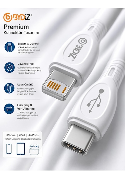 Bydiz İphone Usb-c To Lightning Hızlı Şarj Kablosu Type-c Pd Destekli 14/13/12/11 Pro Max Xs Max Xr X Airpods Pro Uyumlu - Yeni Nesil Akıllı Çip İos Uyumlu