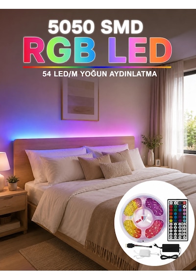 5050 Smd Rgb Led Şerit 5 Metre Kumandalı Renkli Tv Oda Masa Arkası Dekoratif Aydınlatma Seti