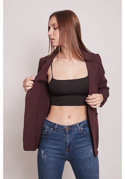 Jument Yakalı Cepli Uzun Kol Katlamalı Blazer Kumaş Ceket-Mürdüm