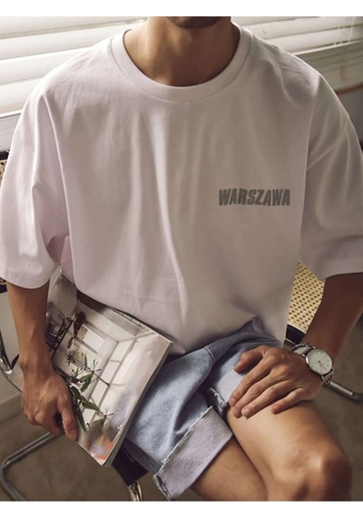 Erkek Oversize Warszawa Baskılı Beyaz T-shirt Beyaz