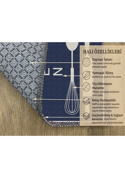 Turkıshrug Kıngdom Lacivert Ve Bej Desenli Kitchen Yazılı Halı Modern Dijital Baskılı Tasarım Çok Renkli