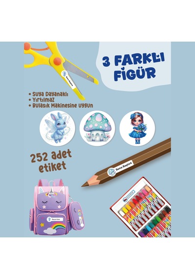 Okul Etiketi Kalem Defter Etiketi Maviş Dünyam Özel İsim Yazılabilen Etiket - 252adet