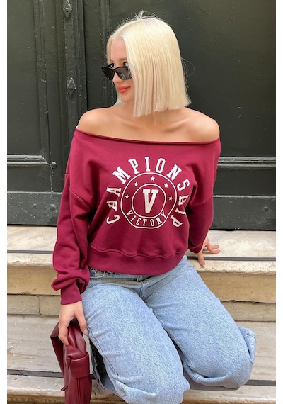 Bordo Kayık Yaka Baskılı Kadın Sweatshirt Mg2205