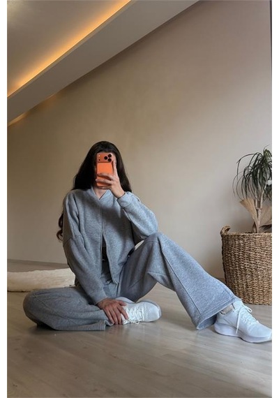 Neşeli Butik Kadın Fermuarlı Oversize Sweat Ve Yüksek Bel Eşofman Takımı Nm018 Gri Melanj
