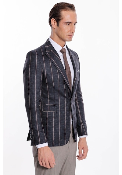 Wessi Çizgili Slim Fit Füme Erkek Ceket Siyah
