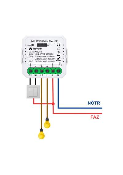 Tuya Uyumlu Akıllı Anahtar Modülü, Çift Çıkışlı, Anahtar Girişli, 2x10a - 220v Röle, Google Asi Standart