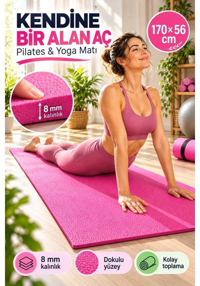 Pembe Pilates Yoga Matı Dokulu Egzersiz Fitness Minderi Evde Spor Ve Esneme Minderi 170x56 Cm 8 Mm Çok Renkli
