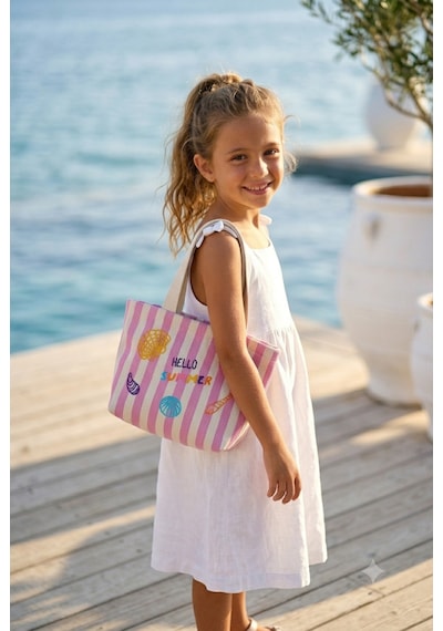 İcone Bag Çocuk Plaj Çantası, Nakışlı Çizgili Kız Plaj Çantası, Kids Beach Bag, Lila Çizgili Çocuk Plaj Çantası Pembe