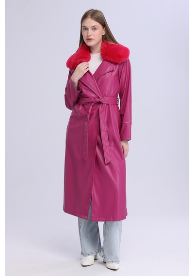 Selectmoda Kadın Peluş Yaka Deri Görünümlü Uzun Kaban Pembe