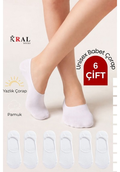 Kral Socks Erkek - Kadın Düz Desen 6 Çift Pamuklu Terletmez Babet Çorap Beyaz