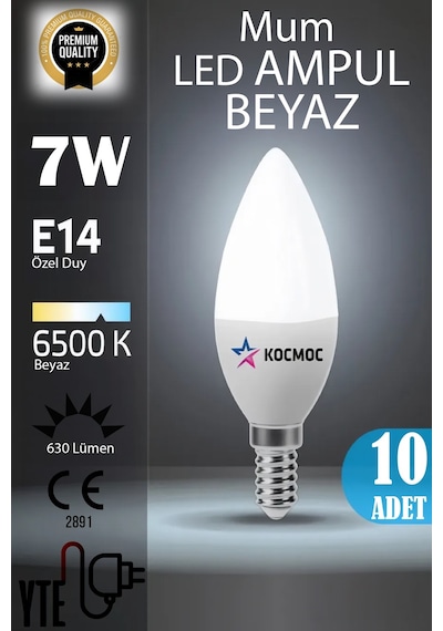 10 Adet Kaliteli Beyaz 7w Mum Led Ampul E14 Duy