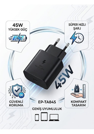 Yeni Nesil 45w Süper Hızlı Şarj Adaptörü Type-c Tüm Telefonlara Uyumlu + Dayanıklı Kablo Siyah Yeni Nesil 45w Süper Hızlı Şarj Adaptörü Type-c Tüm Telefonlara Uyumlu + Dayanıklı Kablo Siyah
