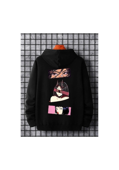 Tarzsokak Unisex Kadın/erkek Siyah Anime Top Sırt Baskılı Oversize Kapüşonlu Sweatshirt