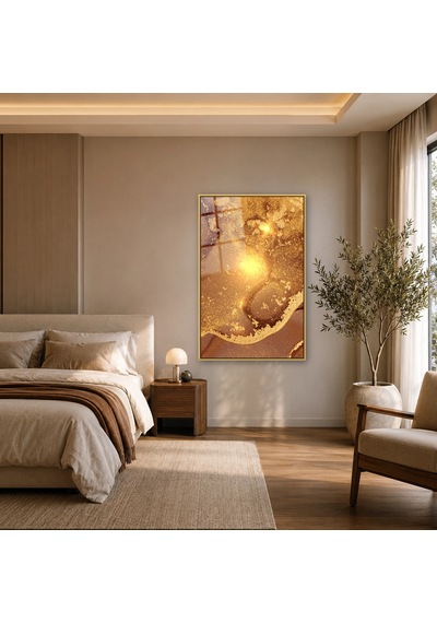 Kahve Karamel Altın Tozlu Doku Gold Çerçeveli Cam Tablo