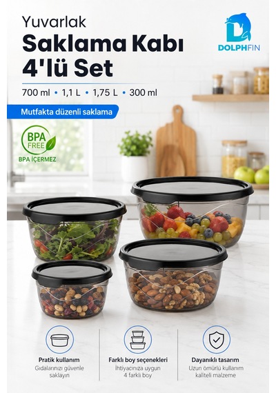 4 Lü Yuvarlak Saklama Kabı Seti 300 Ml 700 Ml 1,1 L 1,75 L Füme Şeffaf Bpa İçermez Siyah