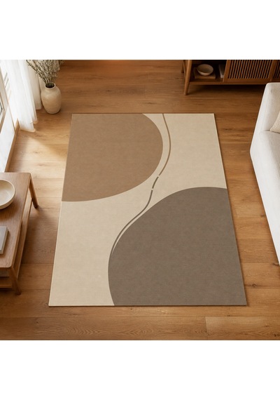 Kartela Halı Denge Soyut Modern Halı Bej Kaymaz Taban Makinede Yıkanabilir Salon Halısı 100x150 Cm