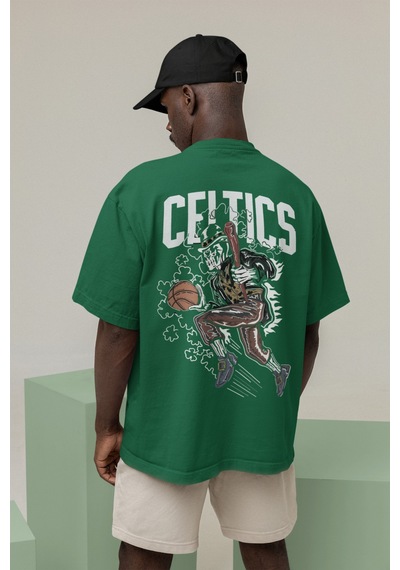 Noıssey Boston Celtics Baskılı Oversize Baskılı Pamuklu Bisiklet Yaka Kısa Kollu Oversize T-shirt Yeşil
