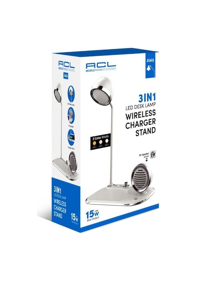 Acl 3 İn 1 Masa Lambalı, Bluetooth Hoparlörlü, 15w Wireless Şarj Standı Aw6