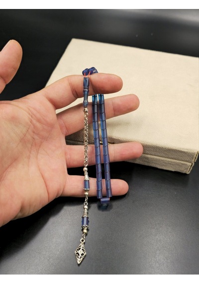 Özel Tasarım Alpaka Püsküllü Ateş Kehribar Bilek Boy Tespih 4,5x7 Mm Mavi Gümüş