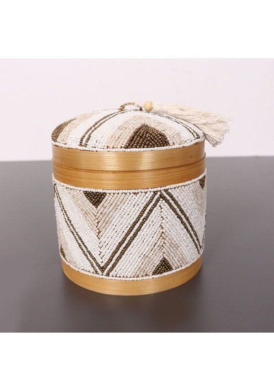 Bali Boncuklu Bambu Saklama Kutusu M 15x17 Cm Beyaz