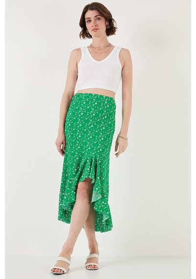 Lela Çiçek Desenli Regular Fit Volanlı Yüksek Bel Midi Boy Yırtmaçlı Bayan Etek 5869012 Yeşil
