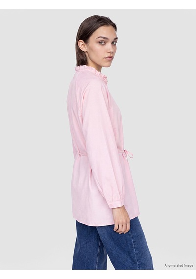 Lcw Modest Pembe Hakim Yaka Beli Kuşaklı Çizgili Kadın Gömlek Tunik