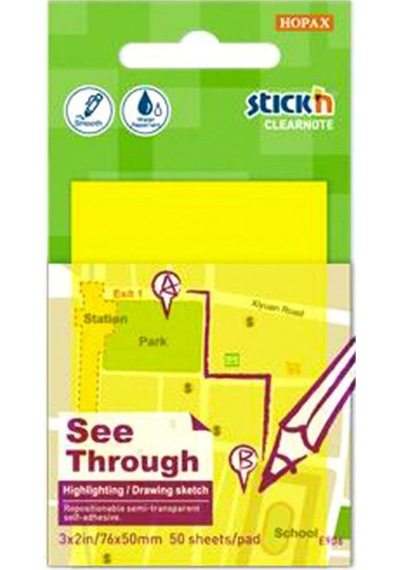 Hopax Stickn Yapışkanlı Not Kağıdı Yarı Saydam 50 Yaprak 76x51 Mm Neon Sarı
