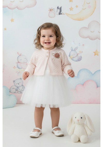 Mnk Baby & Kids Triko Bolerolu Kız Bebek Elbise M00770 Pudra